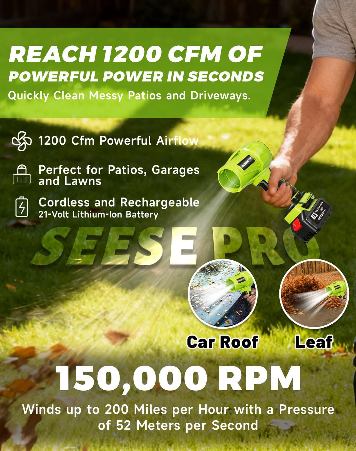 Pro Blower – Handheld Cordless Turbo Jet Blower 1000g, Ultra-Light, Ultra-Powerful, 1200 CFM, 50-Minute Runtime (1 Battery Set)